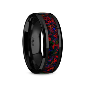 Red Black Opal Black Ceramic Wedding Ring, Flat, Beveled