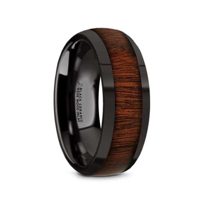 Domed Rose Wood Inlay Black Ceramic Wedding Ring