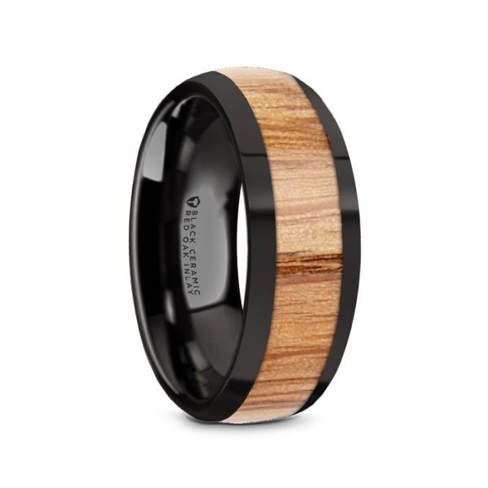 Real Red Oak Wood Inlay Domed Black Ceramic Wedding Ring