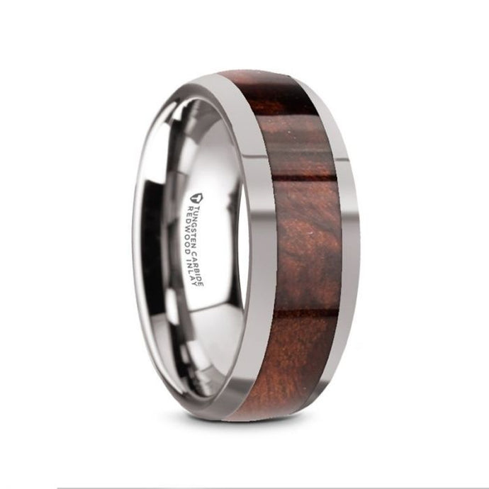 Real Redwood Inlay Tungsten Wedding Band, Domed