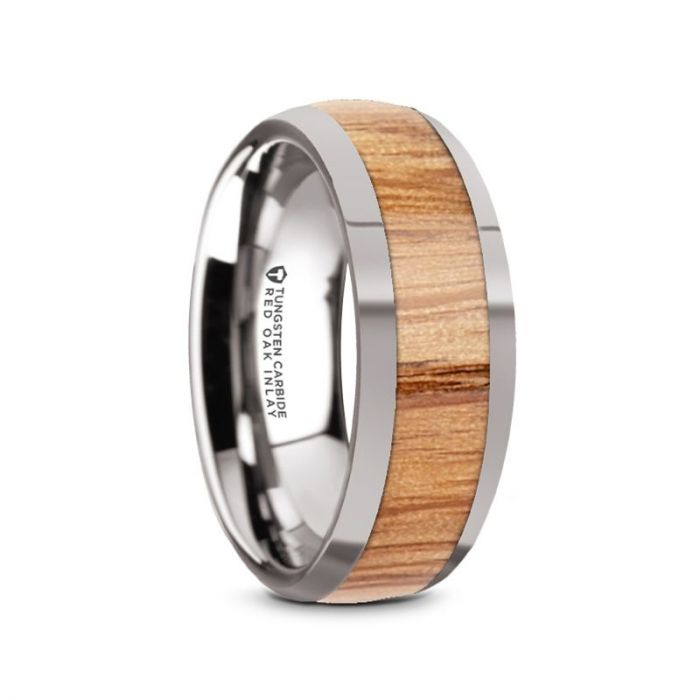 Red Oak Wood Inlay Tungsten Carbide Ring, Domed