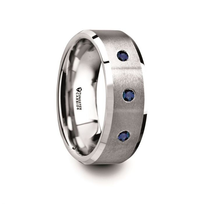 3 Sapphire Brushed Tungsten Wedding Ring with Beveled Edges