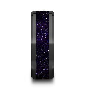 Purple Goldstsone Inlay Black Ceramic Band, Beveled