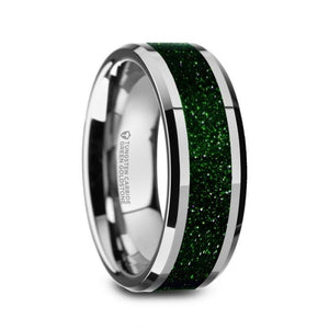 Precious Green Goldstone Inlay Tungsten Carbide Ring, Beveled