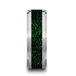 Precious Green Goldstone Inlay Tungsten Carbide Ring, Beveled