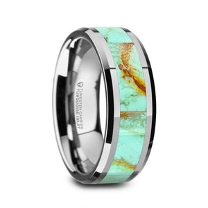 Pale Blue Turquoise Inlay Tungsten Wedding Ring, Beveled