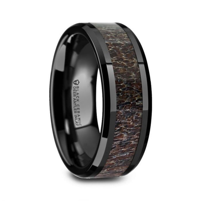 Dark Brown Deer Antler Inlay Black Ceramic Wedding Band, Beveled