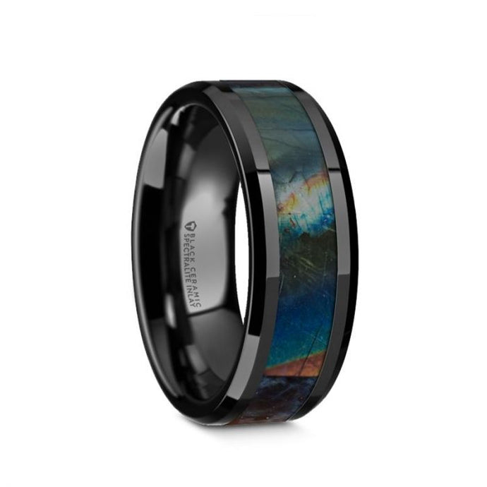 Iridescent Dinosaur Fossil Spectrolite Black Ceramic Ring, Beveled