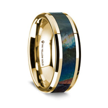 Load image into Gallery viewer, Iridescent Dinosaur Fossil Spectrolite 14K Yellow Gold Ring, Beveled