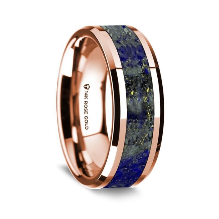 Precious Lapis Lazuli Stone Inlay 14K Rose Gold Ring, Beveled