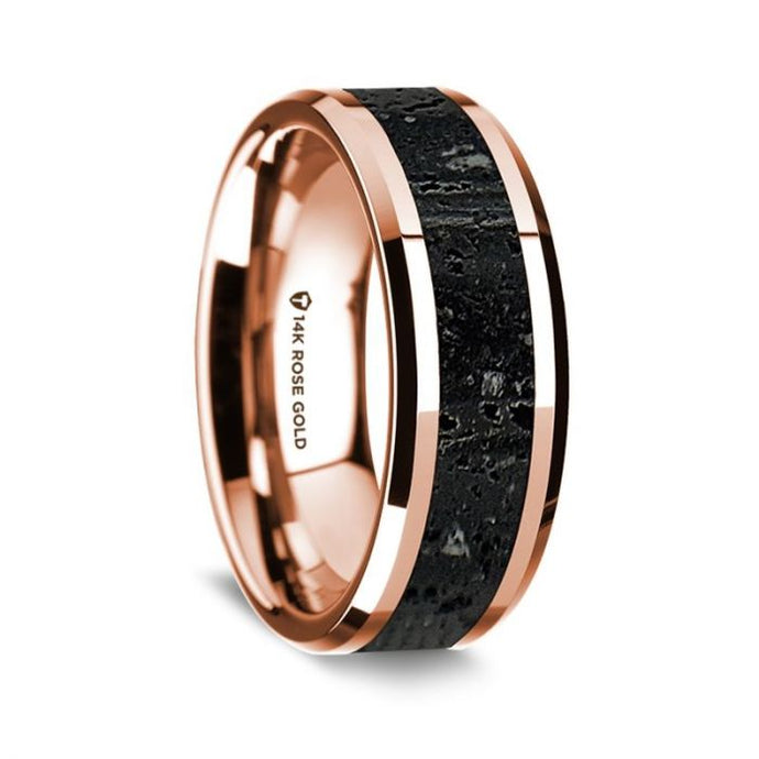Black Lava Rock Inlay 14K Rose Gold Wedding Ring, Beveled