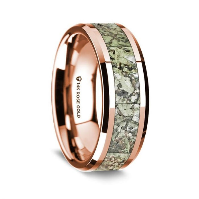 Light Green Real Dinosaur Bone Inlay 14K Rose Gold Beveled Ring