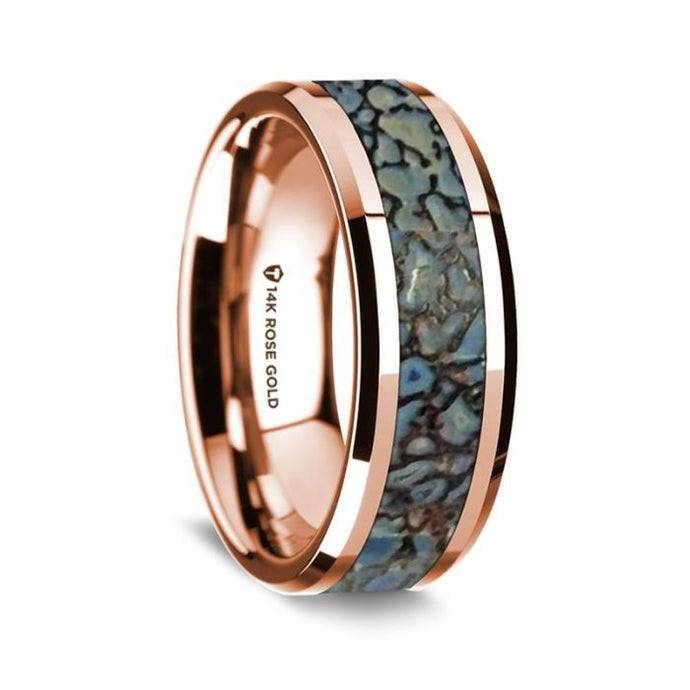Real Blue Dinosaur Bone Inlay 14K Rose Gold Wedding Ring, Beveled