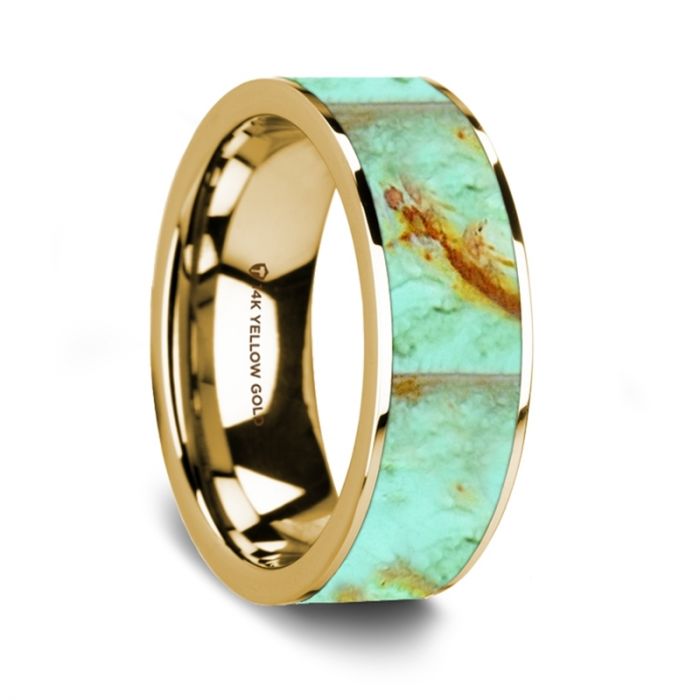 Precious Turquoise Stone Inlay 14K Yellow Gold Wedding Ring