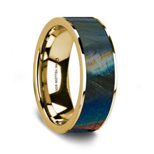 Load image into Gallery viewer, Iridescent Dinosaur Fossil Spectrolite 14K Yellow Gold Ring, Flat