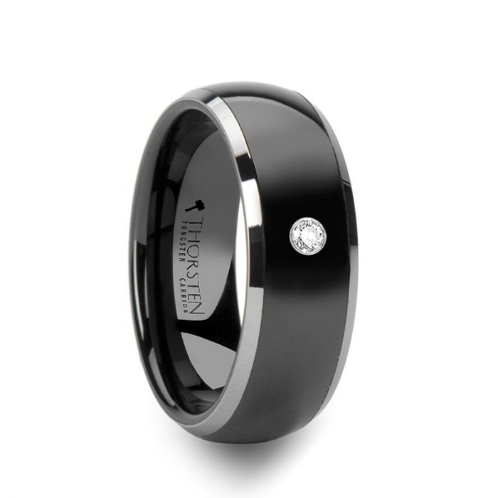 Black Ceramic Ring with Tungsten Edges and Diamond