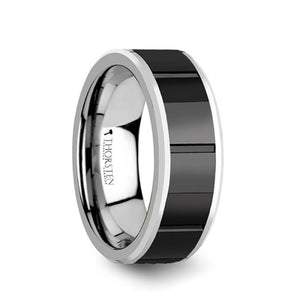 Horizontal Grooved Black Ceramic Center Tungsten Wedding Ring