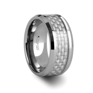 Beveled Tungsten Ring with White Carbon Fiber Inlay