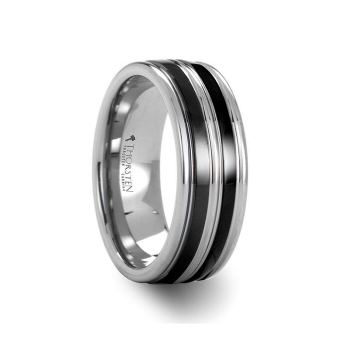 Grooved Tungsten Ring wth Dual Black Ceramic Inlays