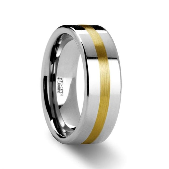 Flat Gold Inlay Stripe Tungsten Carbide Anniversary Ring