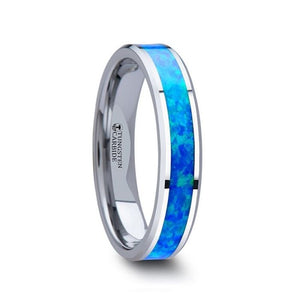 Tungsten Wedding Ring with Brilliant Blue Opal