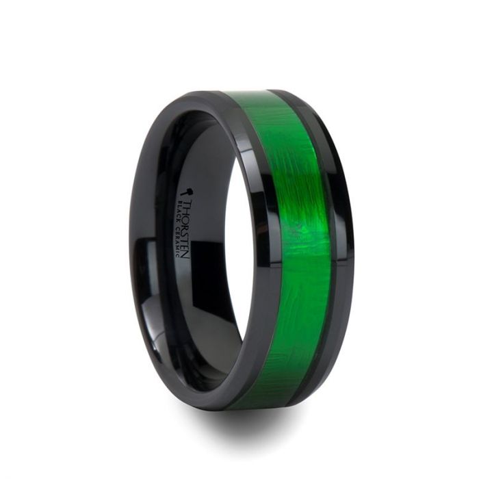 Black Ceramic Beveled Ring with Green Inlay
