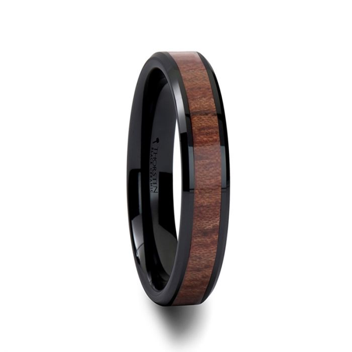Black Ceramic Beveled Ring with Rosewood Inlay