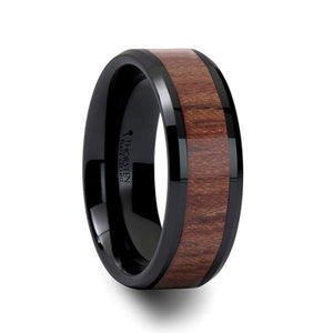 Black Ceramic Beveled Ring with Rosewood Inlay