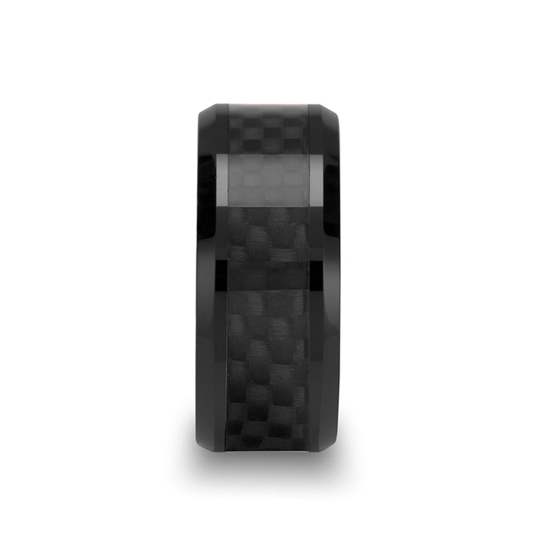 Black Ceramic Beveled Ring with Black Carbon Fiber Inlay