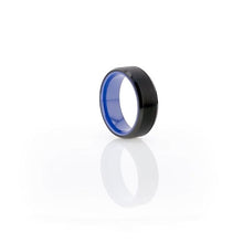 Load image into Gallery viewer, Flat Brushed Black Ceramic Ring with Polished Blue Underside