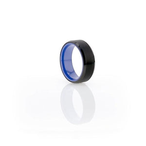 Flat Brushed Black Ceramic Ring with Polished Blue Underside