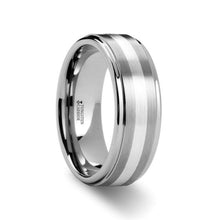 Load image into Gallery viewer, Silver Stripe Inlay Raised Center Brushed Tungsten Ring