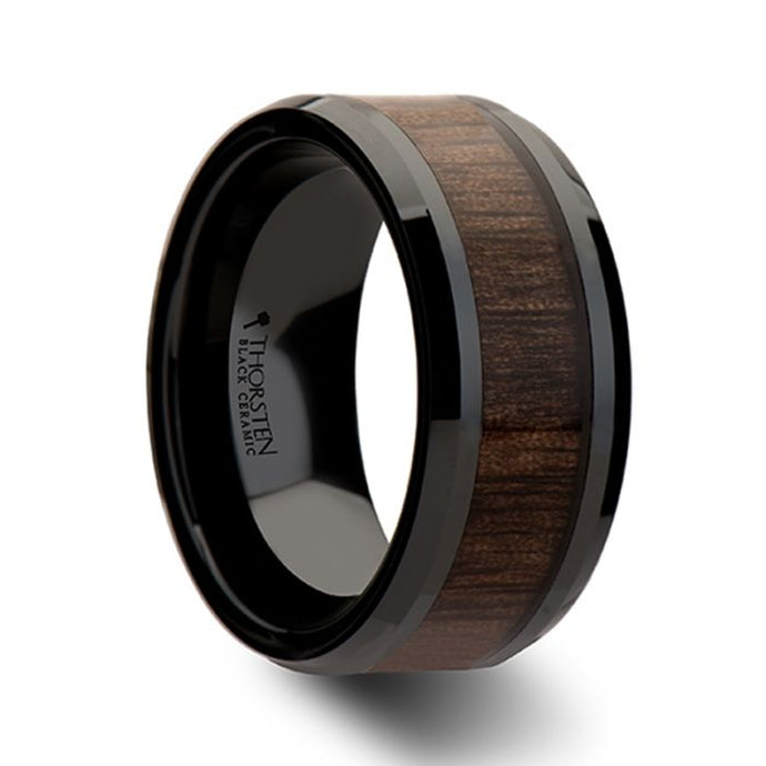 Beveled Black Ceramic Ring with Walnut Wood Inlay