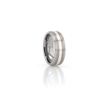Load image into Gallery viewer, Silver Stripe Inlay Raised Center Brushed Tungsten Ring