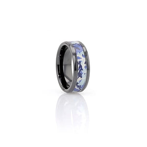 Blue White Camo Black Ceramic Ring with Beveled Edge