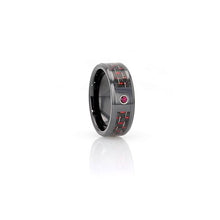 Load image into Gallery viewer, Black Red Carbon Fiber Ceramic Wedding Band with Ruby Gemstone