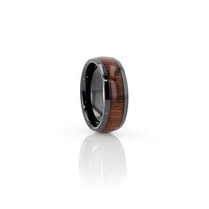 Authentic Black Walnut Wood Inlay Black Ceramic Ring, Domed
