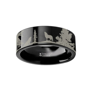 Howling Wolves Engraved Flat Black Tungsten Ring