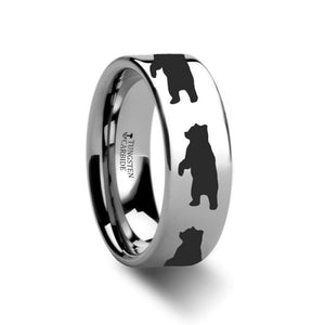 Bear on Hind Legs Flat Style Tungsten Band