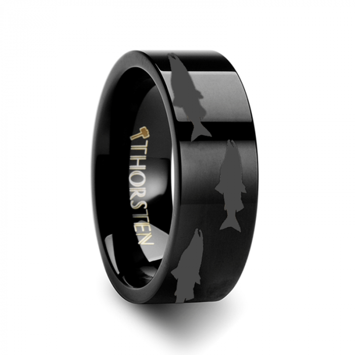 Swimming Salmon Laser Etched Black Tungsten Ring