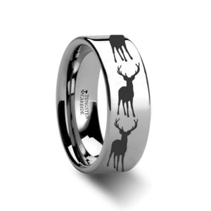 Laser Etched Elk Deer Stag with Antlers on Polished Tungsten Band