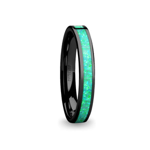 Aqua Teal Green Opal Inlay Women's Black Ceramic Ring