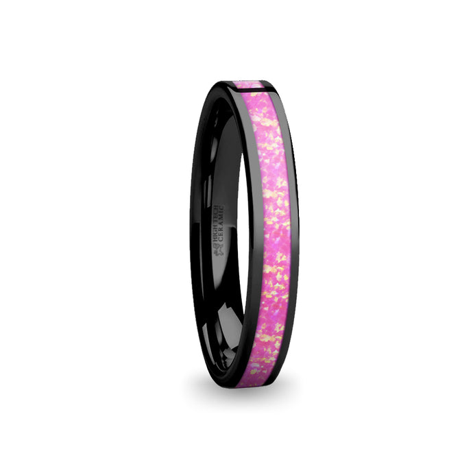 Lush Hot Pink Opal Inlay Black Ceramic Wedding Band for Women