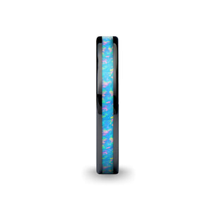 Cornflower Blue Opal Inlay Pink Flake Black Ceramic Wedding Band