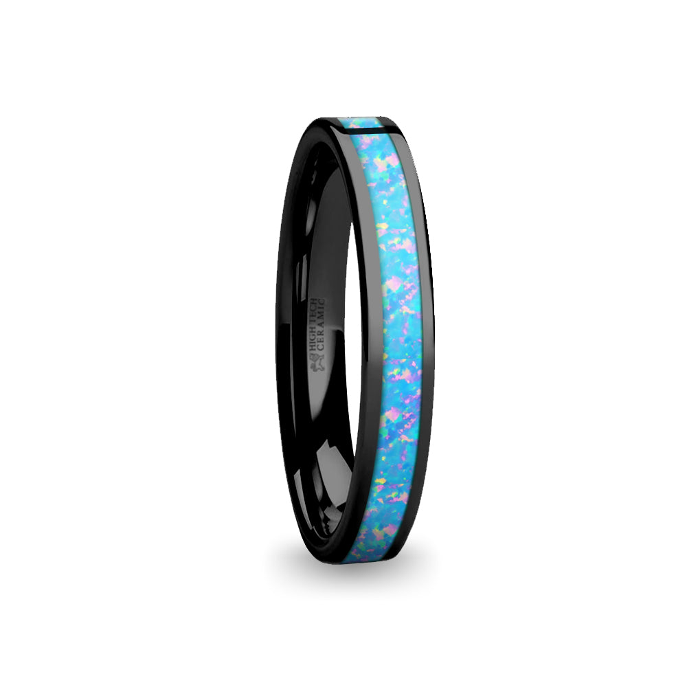 Cornflower Blue Opal Inlay Pink Flake Black Ceramic Wedding Band