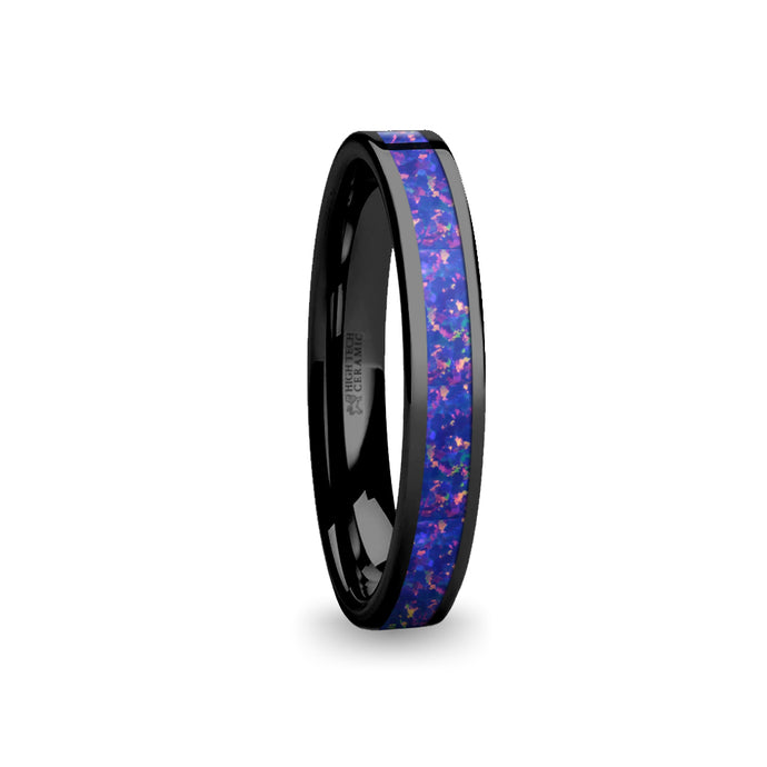 Dark Blue Pink Flake Opal Inlay Black Ceramic Wedding Ring