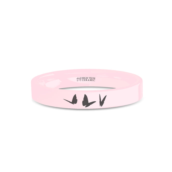 Butterflies Insect Engraved Pink Ceramic Wedding Ring, Polished