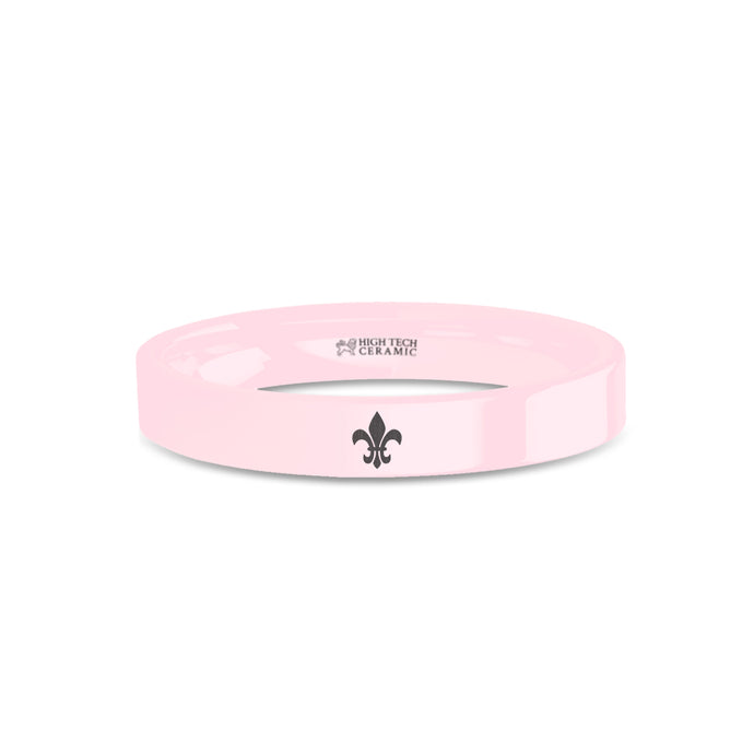 Fleur de Lis Symbol Laser Engraved Pink Ceramic Wedding Ring