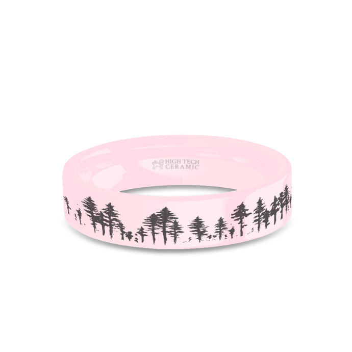 Nature Scene Forest Pine Trees Engraved Pink Ceramic Wedding Ring