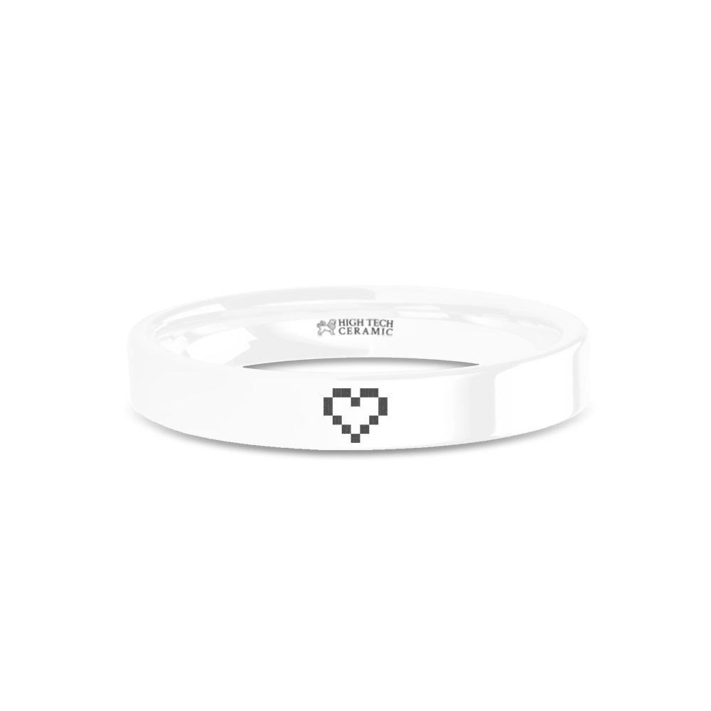 Retro Video Gamer Wedding Ring 8-bit Heart Engraved White Ceramic